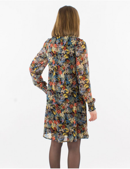 Robe courte bohème noire à fleurs bariolées manches transparentes et broderies