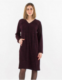 Robe pull col V basique unie mauve avec surpiqures 2