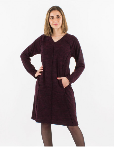 Robe pull courte à col V confortable pour l'hiver unie mauve avec poches avant