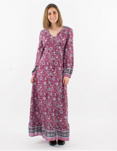 Robe longue fluide bohème chic à imprimé fleuri rouge bordeaux