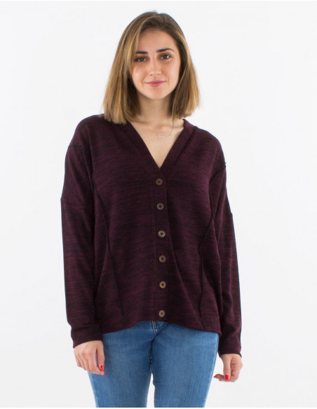 Gilet pull chiné mauve avec boutons métaliques manches chauve-souris