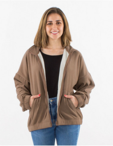 Veste oversize à capuche intérieur fourré pour l'hiver taupe