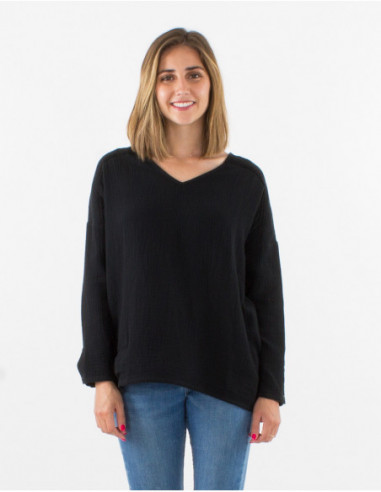 Blouse large coupe basique en gaze de coton noir