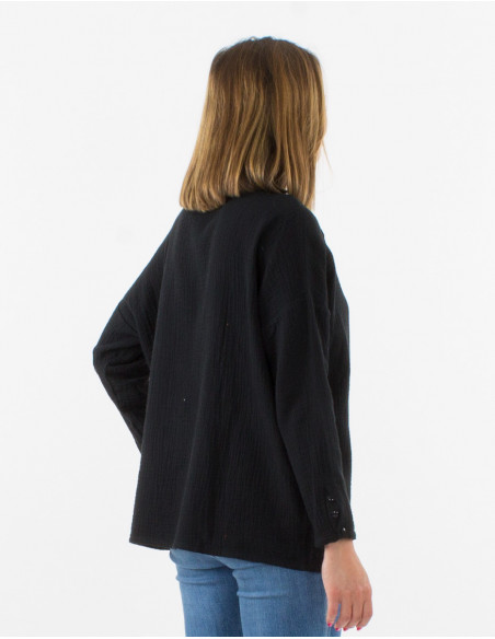 Blouse basique oversize en gaze de coton unie noire