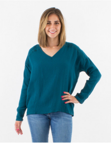 Blouse basique oversize en gaze de coton unie bleu pétrole