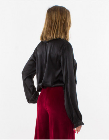 Dos de chemisier satiné cache cœur chic uni noir