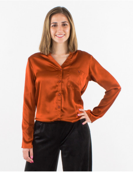 Chemisier boutonné chic et sexy en satin brillant uni rouille pour femme
