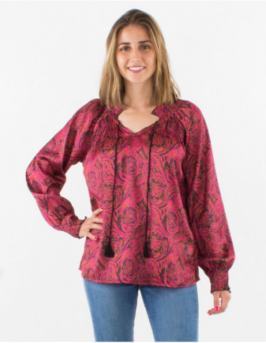 Blouse manches ballon pour l'hiver romantique à fleurs rose fuchsia