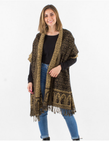 Echarpe ethnique chic à franges et imprimé fleuri noir