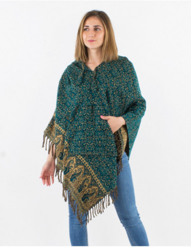Poncho femme pour l'hiver ethnique chic bleu pétrole