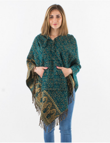 Poncho à capuche avec franges original imprimé boho bleu pétrole