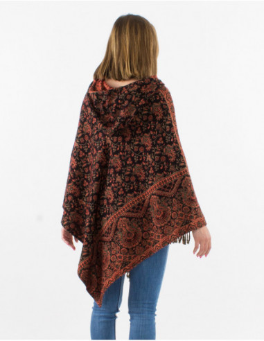 Dos de poncho à capuche pour femme asymétrique motif cachemire