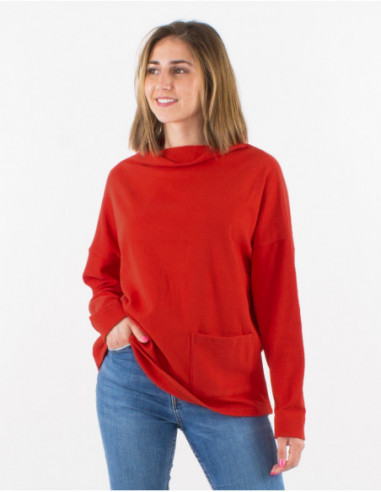 Pull ample d'hiver tout doux avec poche avant uni basique rouge rouille