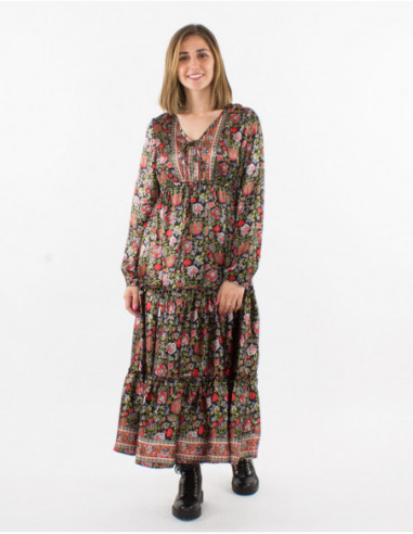 Robe longue bohème chic tissu satiné à fleurs rouges et noir