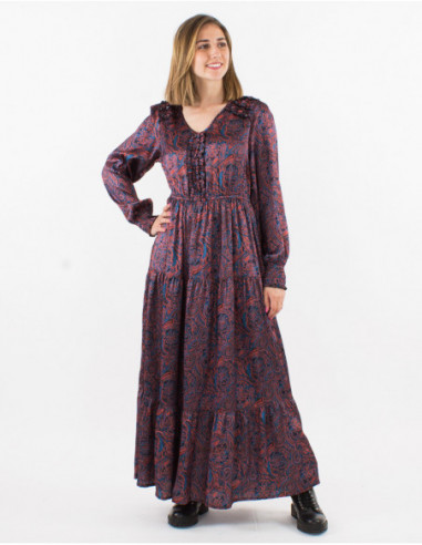 Robe longue satinée originale fleurie marron