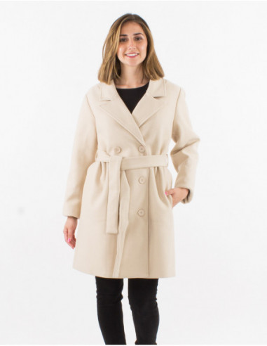 Manteau long chic et féminin avec broderies et boutons uni beige