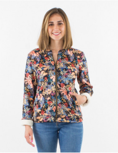 Veste courte intérieur fourré et imprimé fleurs colorés noir et jaune