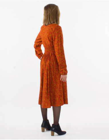 Robe mi-longue sexy à col V et motifs ethniques rouges