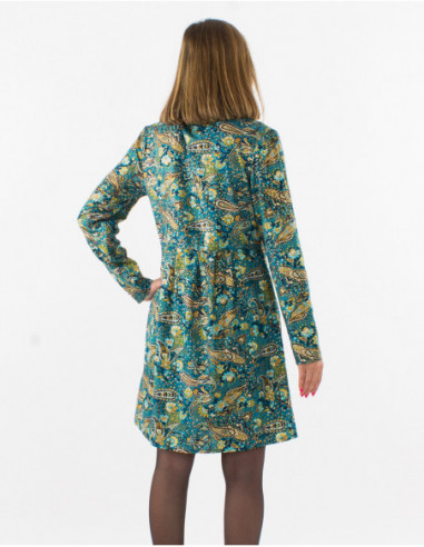 Robe courte patineuse fluide bohème imprimé cachemire bleu pétrole