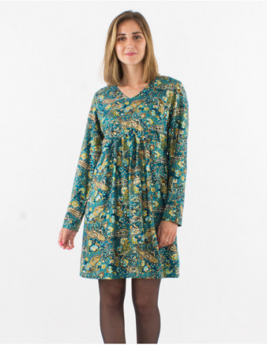 Robe patineuse originale boho chic cachemire bleu pétrole