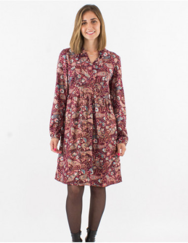 Robe longueur genoux fluide bohème chic cachemire rouge bordeaux