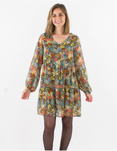 Robe courte transparente fluide pour l'automne à motifs fleurs colorées