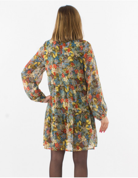 Robe courte originale transparente à imprimé fleurs bohème vert kaki