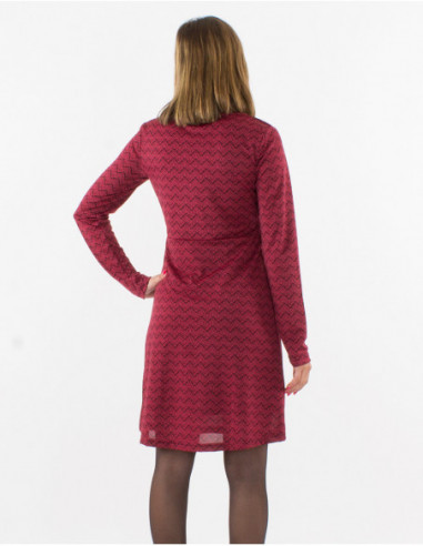 Robe courte confortable originale imprimé géométrique rouge bordeaux