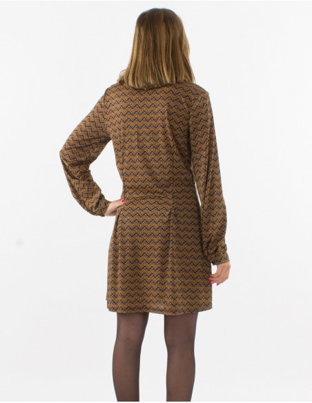 Robe courte fluide à boutons originale motifs géométriques bleu marine et jaune