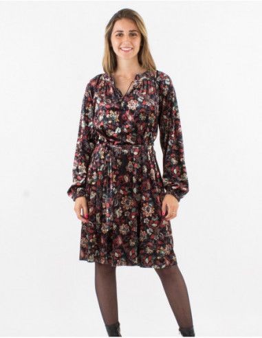 Robe mi-longue chic en velours brillant à imprimé fleuri