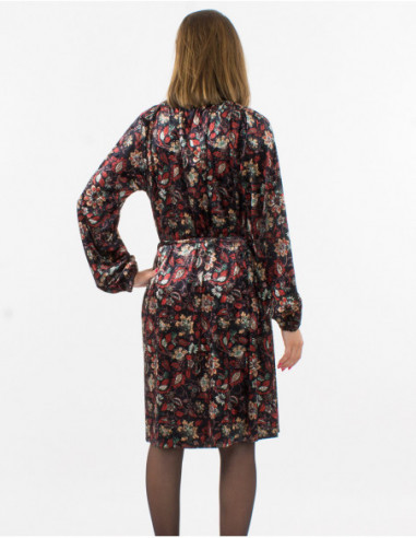 Robe chic et féminine tissu velours brillant avec motifs fleurs rouges et noir