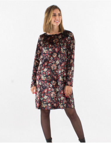 Robe courte droite en velours brillant à motifs fleuris rouge bohème