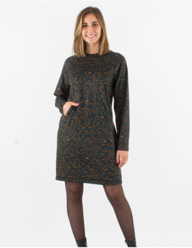 Robe pull d'hiver à poche kangourou et motif original petites fleurs vert kaki