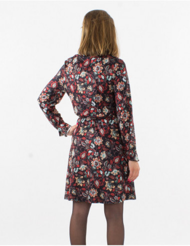 Robe courte boutonnée à l'avant à motifs cachemire fleuri rouge et noir