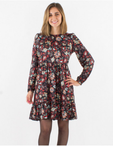 Robe courte à volants bohème chic tissu satiné fleuri