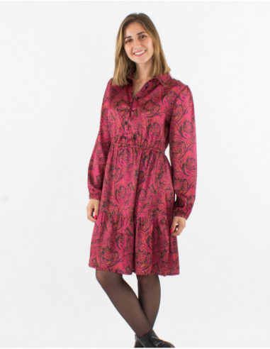 Robe courte satinée originale fleurie rose fuchsia