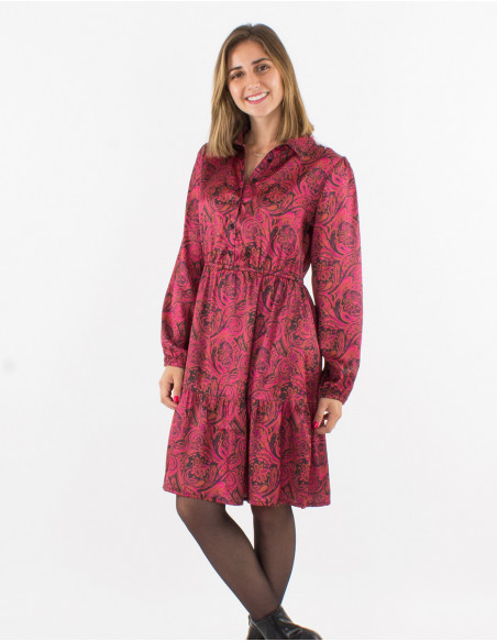 Robe courte satinée originale fleurie rose fuchsia