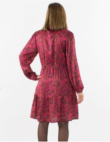 Robe courte femme hiver tissu satin fleuri rose fuchsia