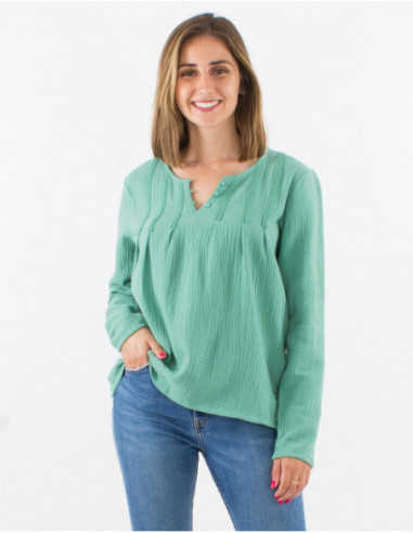 Blouse femme d'hiver en gaze de coton chic vert d'eau