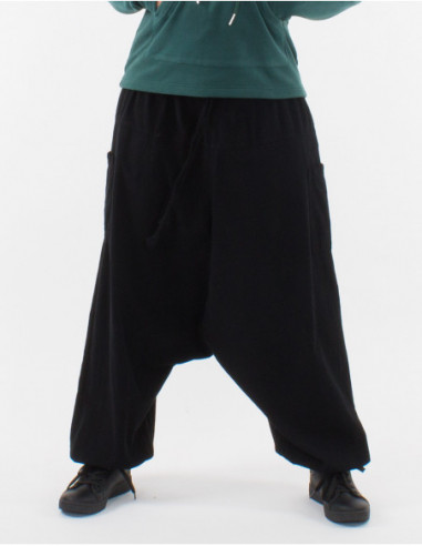 Sarouel baba cool uni noir fourche basse en coton