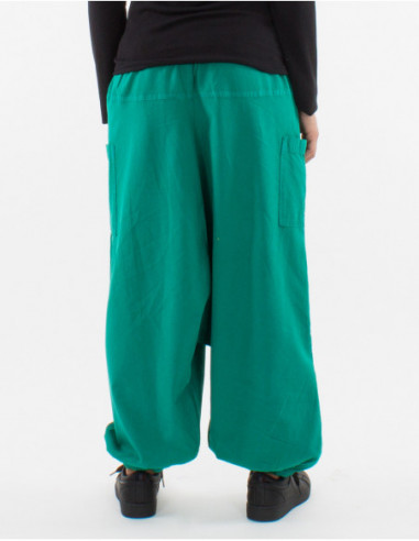 Sarouel baba cool uni bleu émeraude fourche basse en coton
