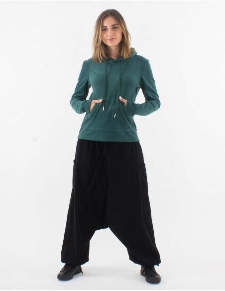 Pull basique uni bleu émeraude à capuche tissu doux