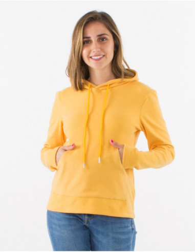 Sweat à capuche tout doux uni basique jaune moutarde