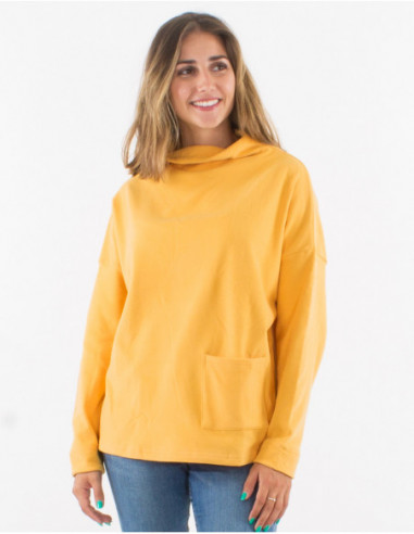 Pull ample d'hiver tout doux avec poche avant uni basique jaune moutarde