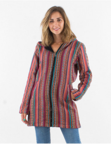 Veste mi-longue à capuche ethnique en coton fuchsia