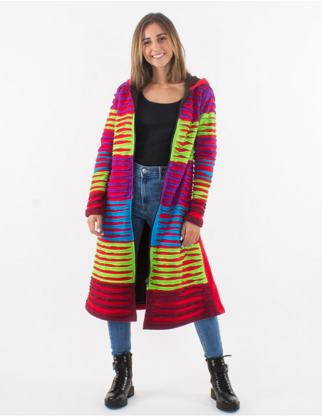 Veste longue femme baba cool devant original patchs déchirés