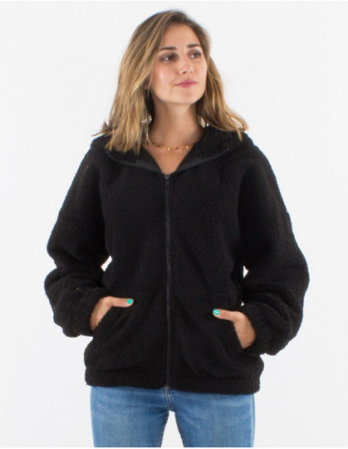 Veste oversize et confortable à capuche pour l'hiver avec tissu uni noir bouclé pour femme