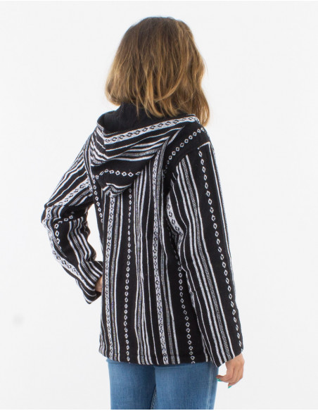 Dos de veste à capuche baba cool en coton népalais rayé noir