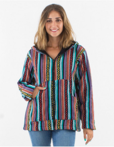 Veste mixte baba cool à capuche en coton népalais bleu turquoise