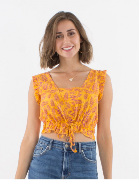 Crop top jaune femme à nouer avec col carré et imprimé feuilles bohème chic